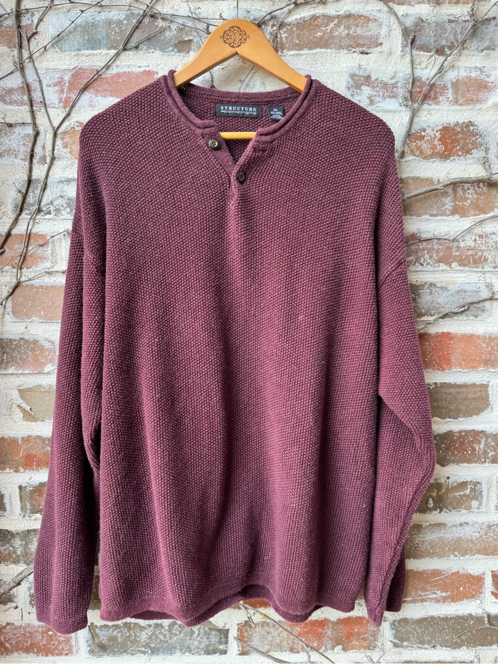 Structure Men’s Textured Henley Sweater Maroon Burgundy Size XL